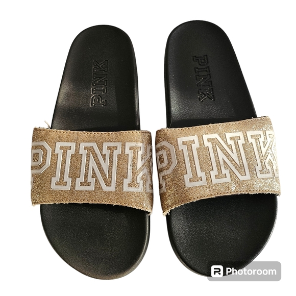 Pink Victoria's Secret Gold Glitter PINK Slides Size 9 - Picture 2 of 4